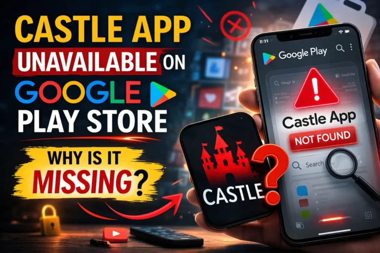Smartphone showing Castle App not available on Google Play Store with warning icons and question mark