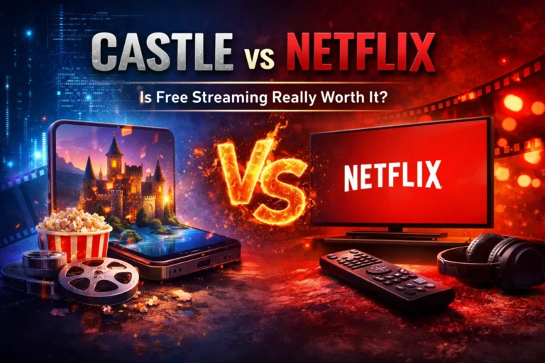 Castle APK vs Netflix comparison showing free streaming vs subscription with a smartphone and TV.