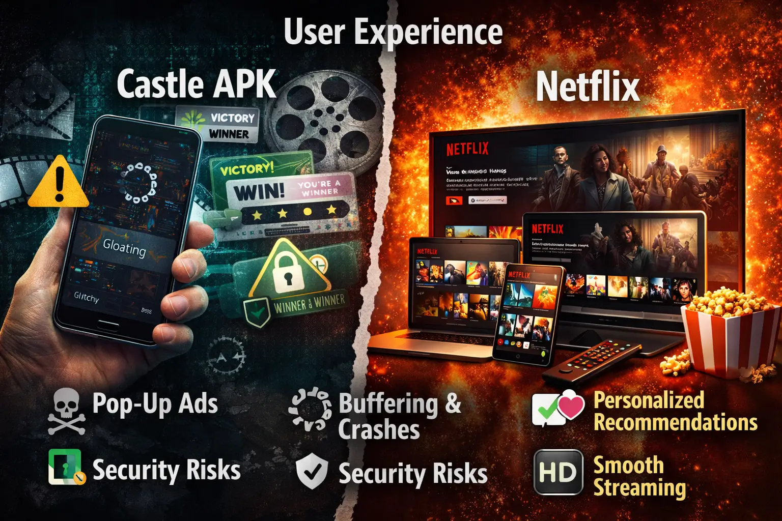 Castle APK vs Netflix user experience comparison showing ads buffering vs smooth streaming