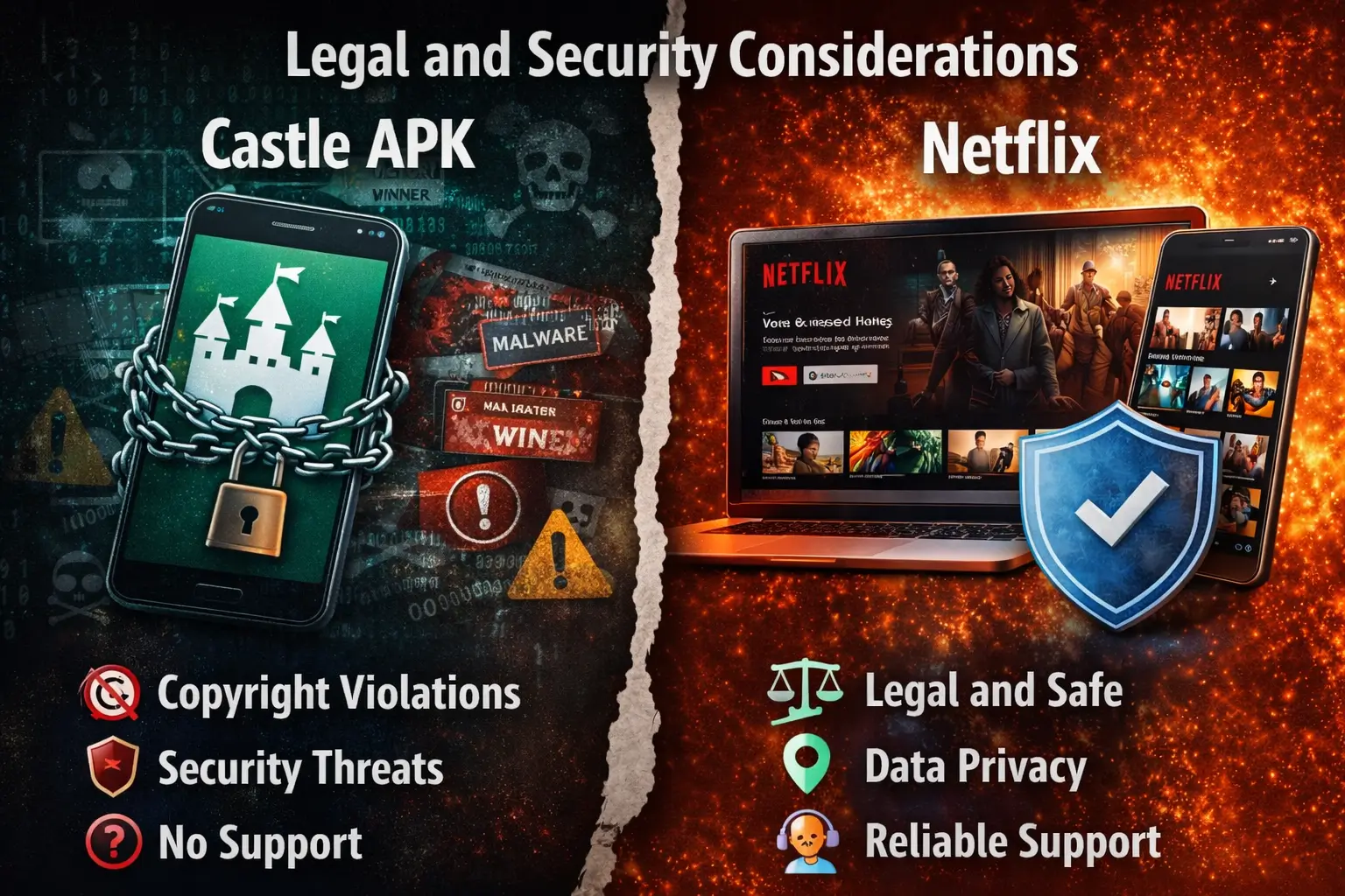 Castle APK vs Netflix legal and security comparison showing piracy risks vs safe streaming