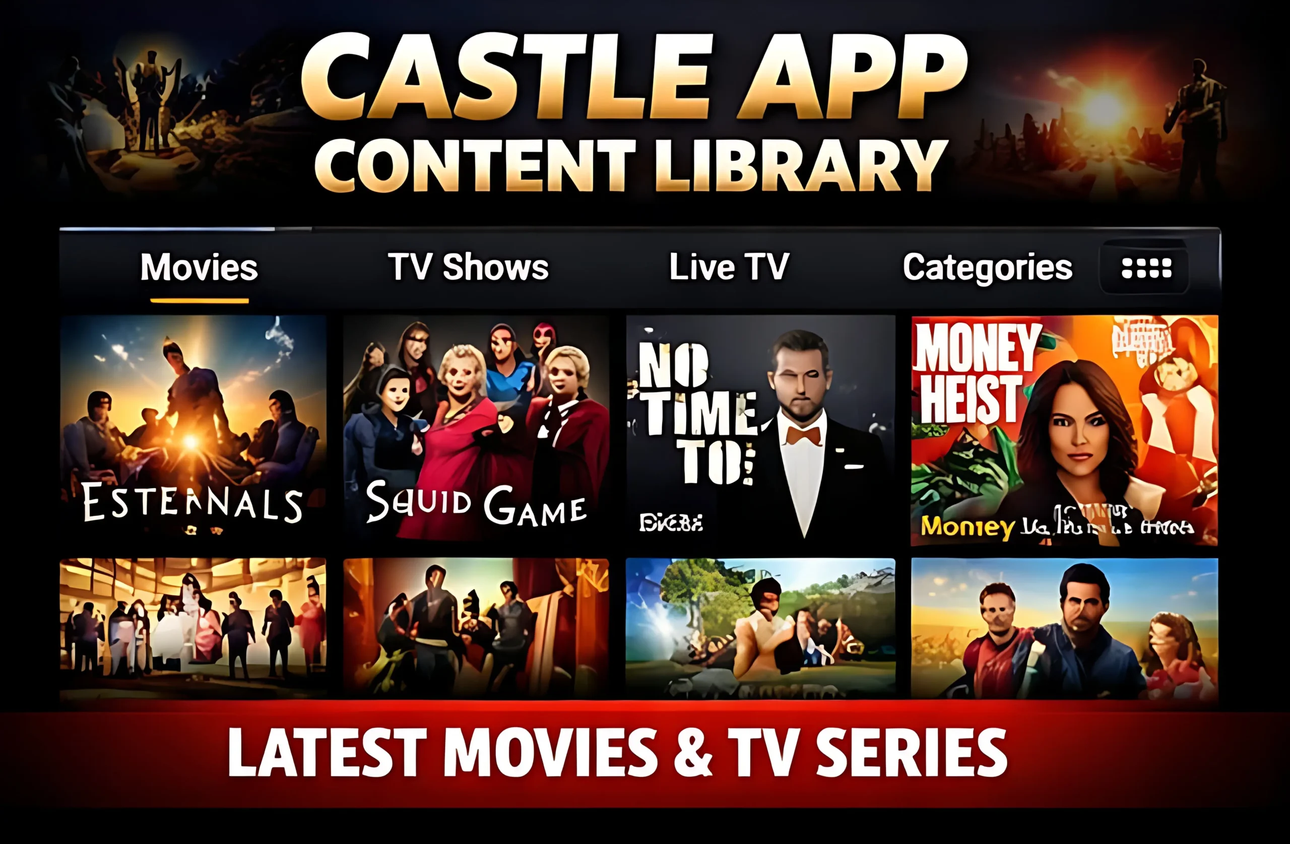 Castle App content library with latest movies TV shows and live channels categories