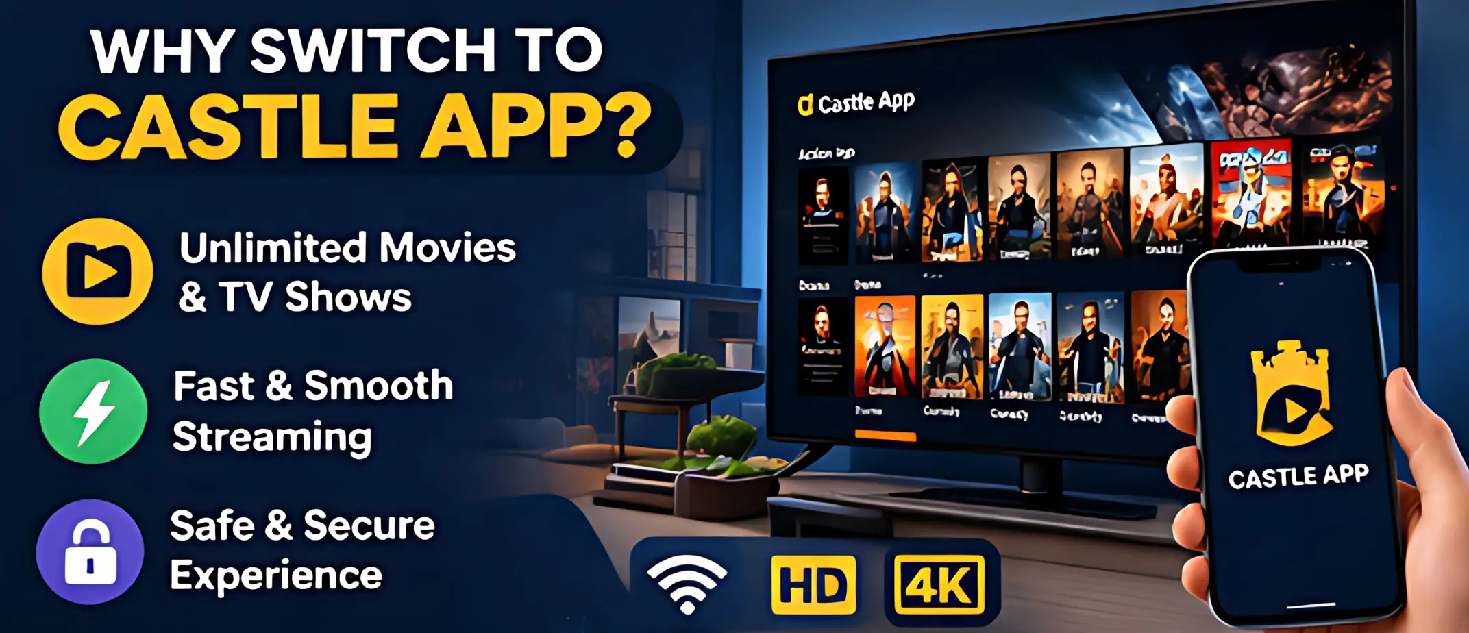 Why switch to Castle App showing features like fast streaming HD quality and unlimited movies