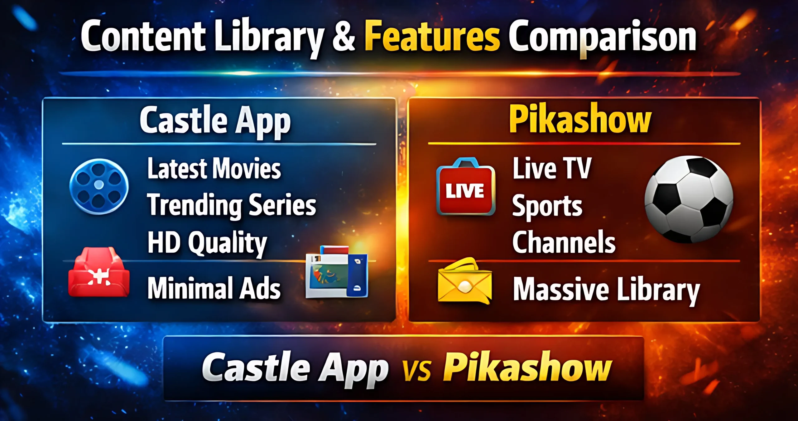 Castle App vs Pikashow content library and features comparison with movies live TV and streaming options