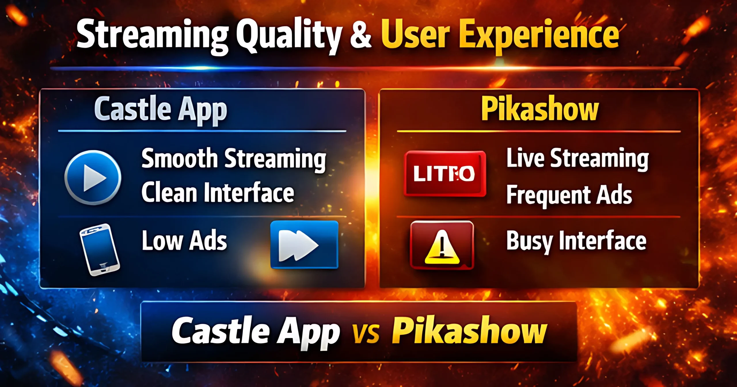 Castle App vs Pikashow streaming quality and user experience comparison with interface and performance