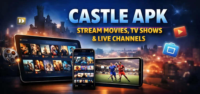 Castle APK app interface showing streaming of movies TV shows and live channels on mobile and tablet devices
