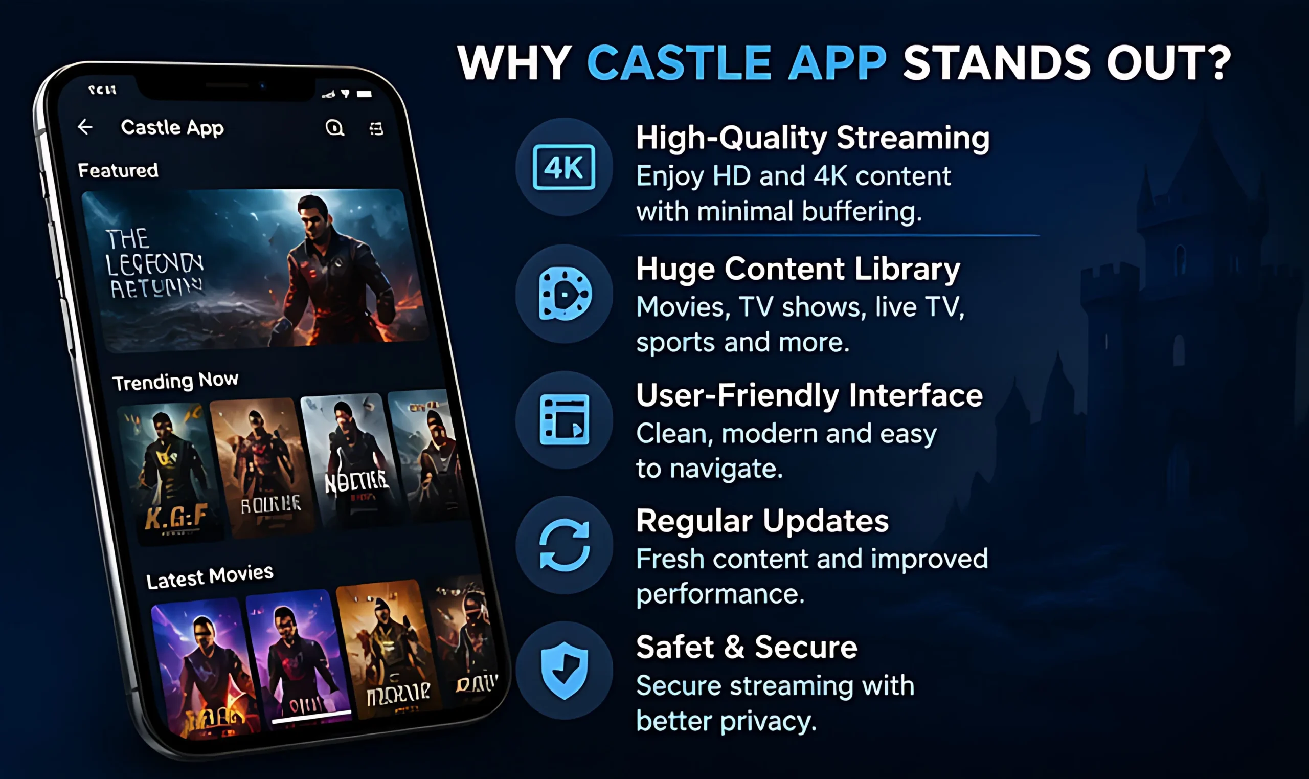 Castle App features interface streaming quality and content library overview