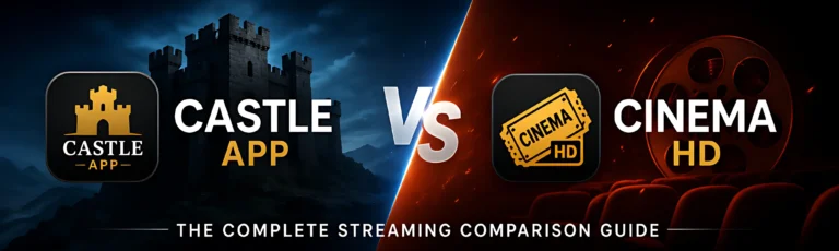 Castle App vs Cinema HD comparison infographic showing features, streaming quality, and device compatibility