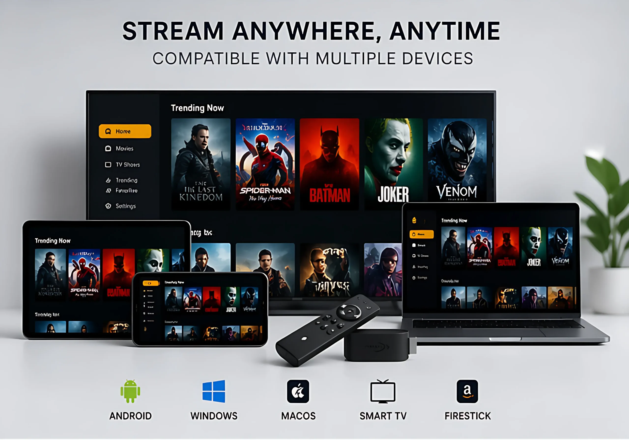 Streaming apps Castle App and Cinema HD running on multiple devices including smart TV, laptop, tablet, and smartphone