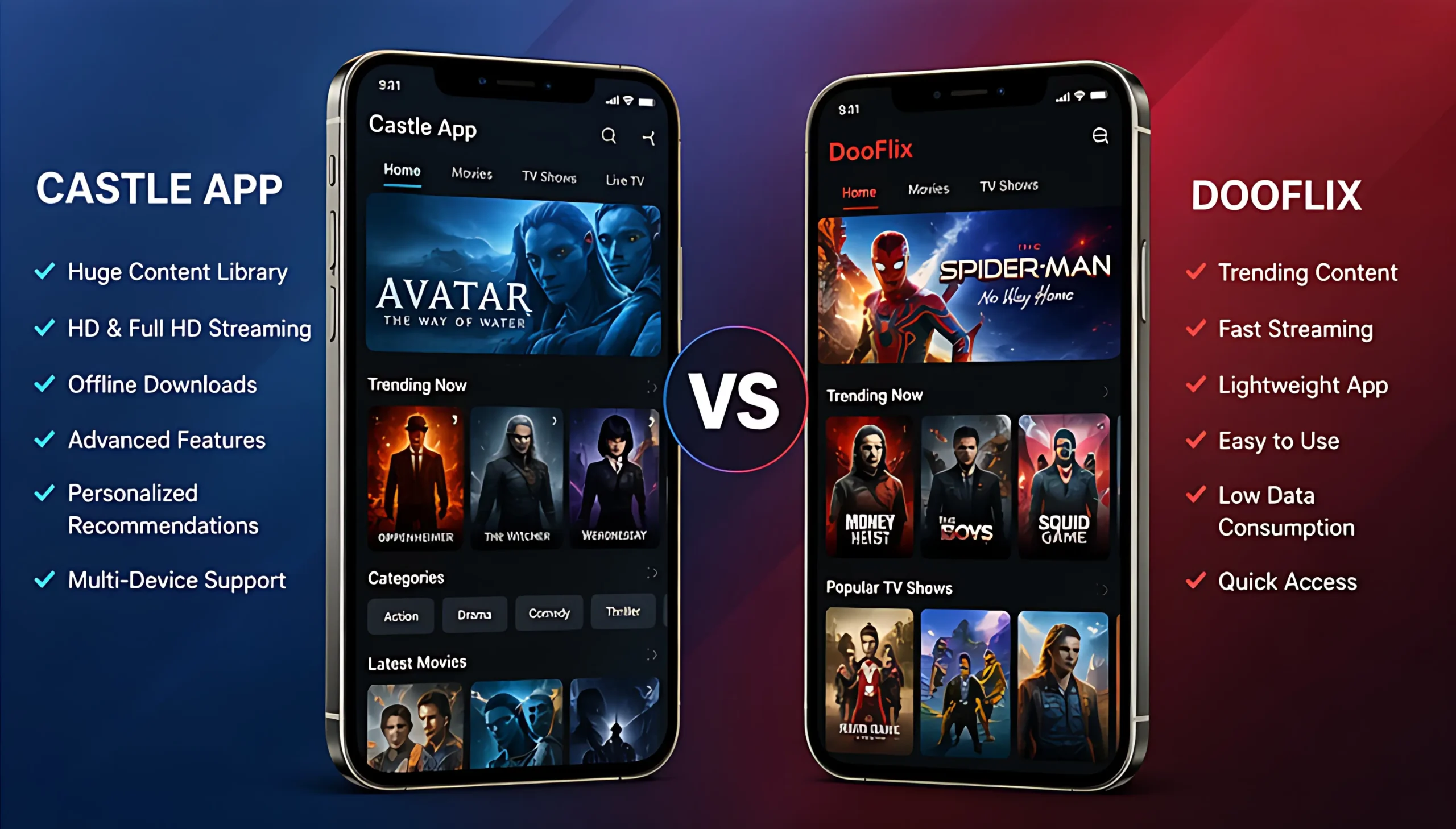 mobile interface preview of Castle App and DooFlix showing home screen design and content layout