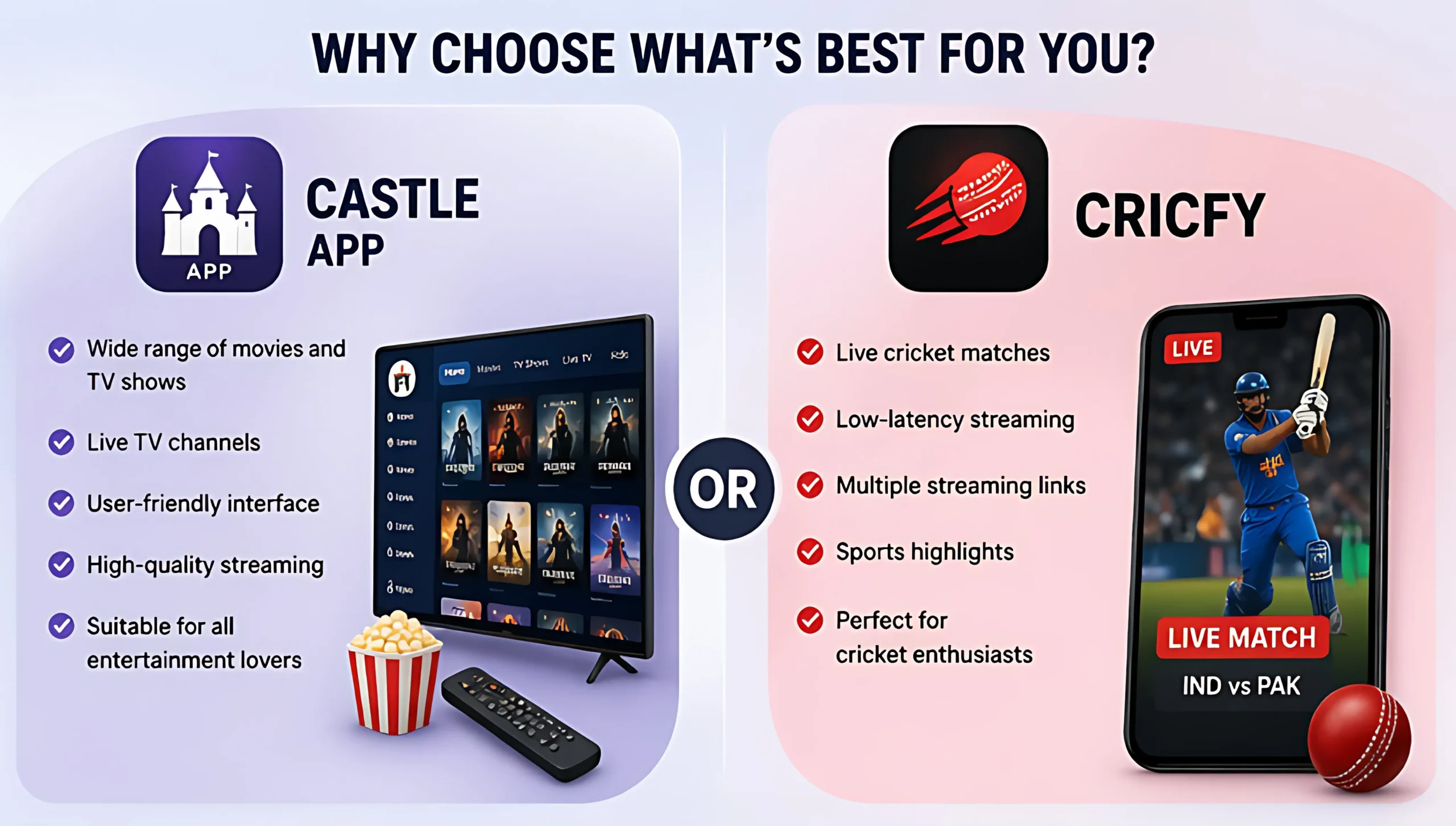 Choose between Castle App and CricFy based on entertainment or live sports streaming needs