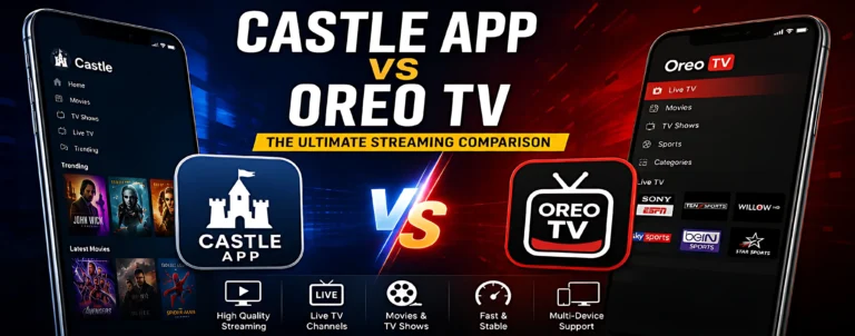 Castle App vs Oreo TV comparison showing streaming features interface and live TV options