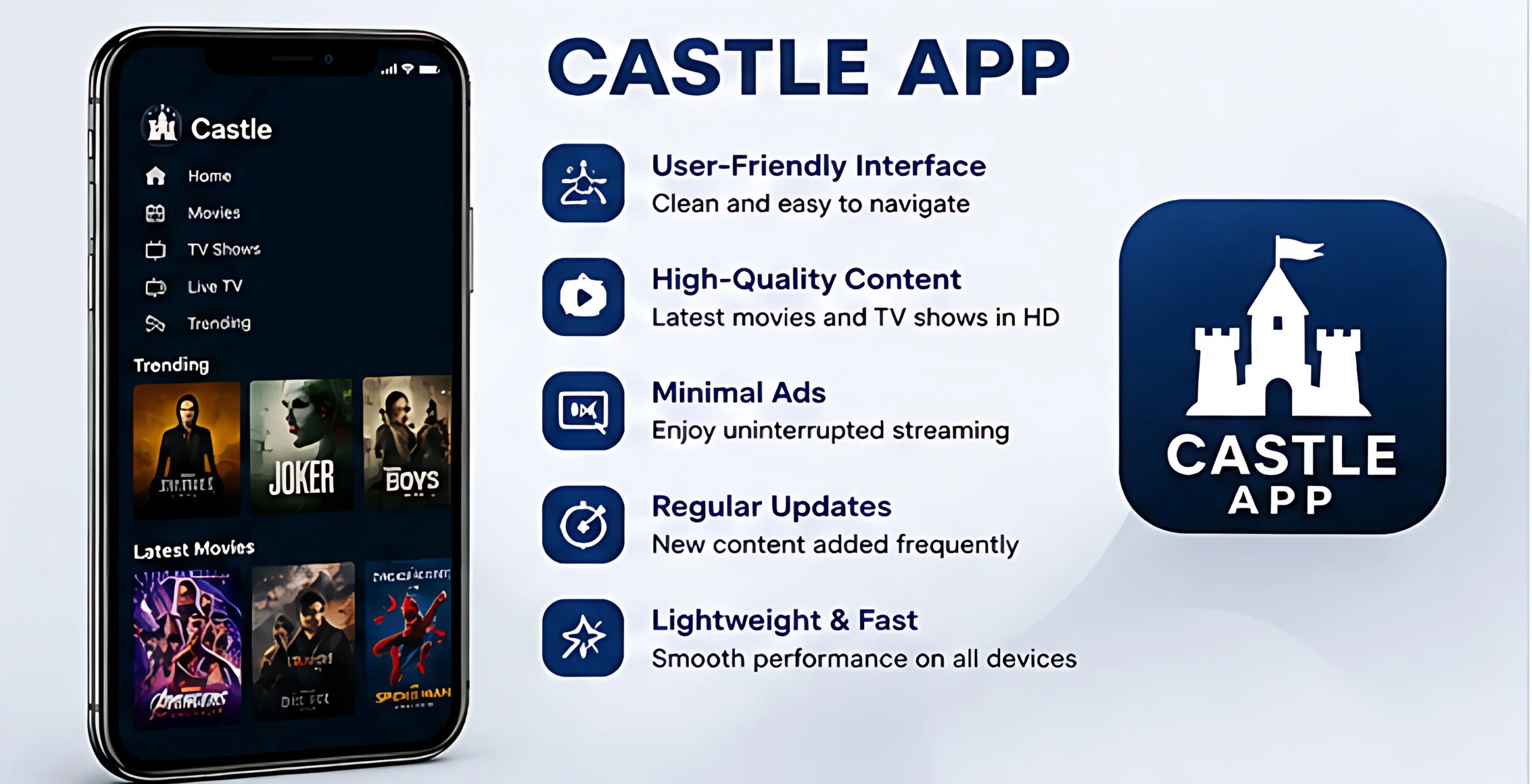 Castle App interface with HD movies TV shows and user friendly streaming layout