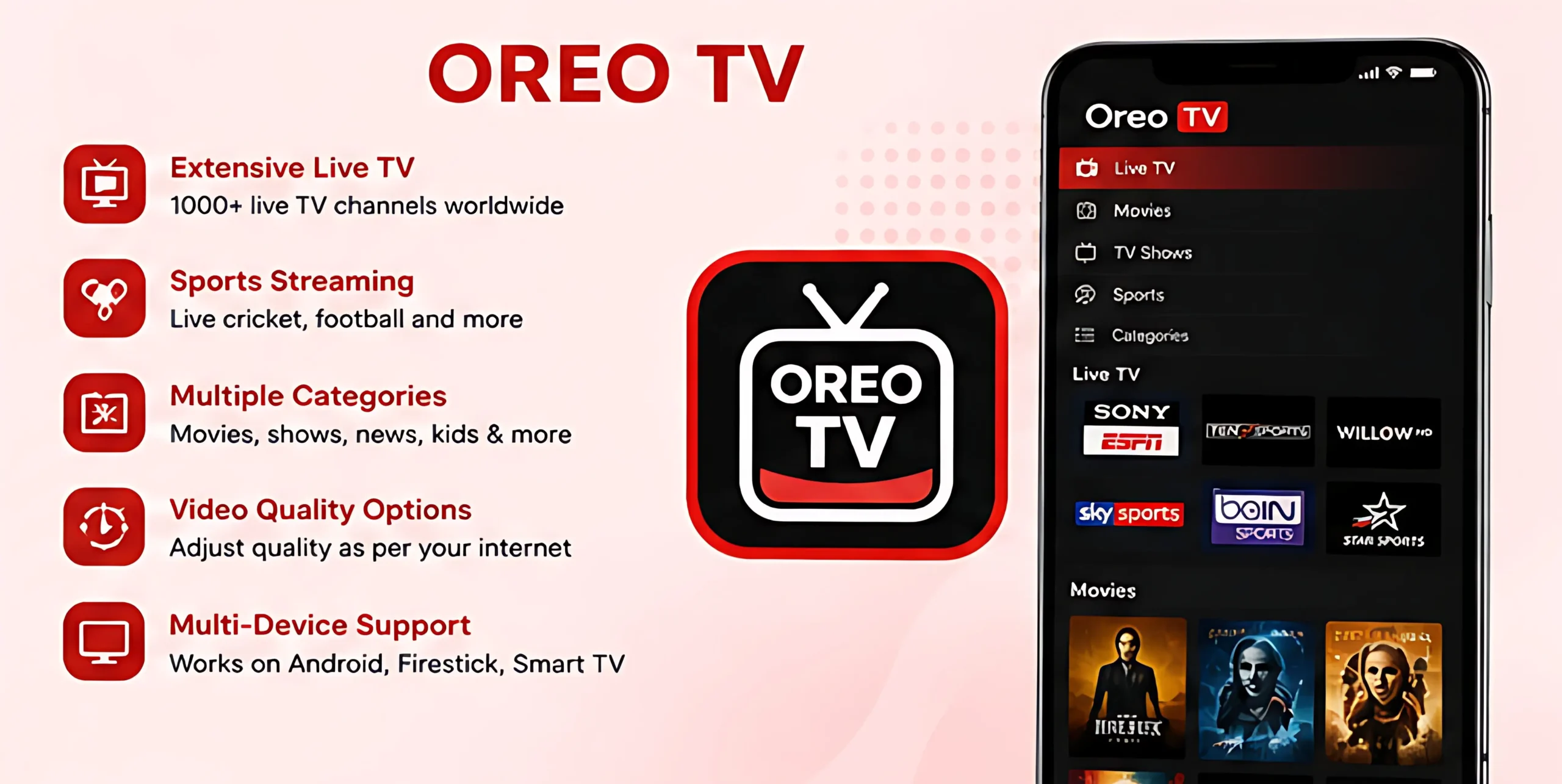 Oreo TV live channels sports streaming interface with multiple categories