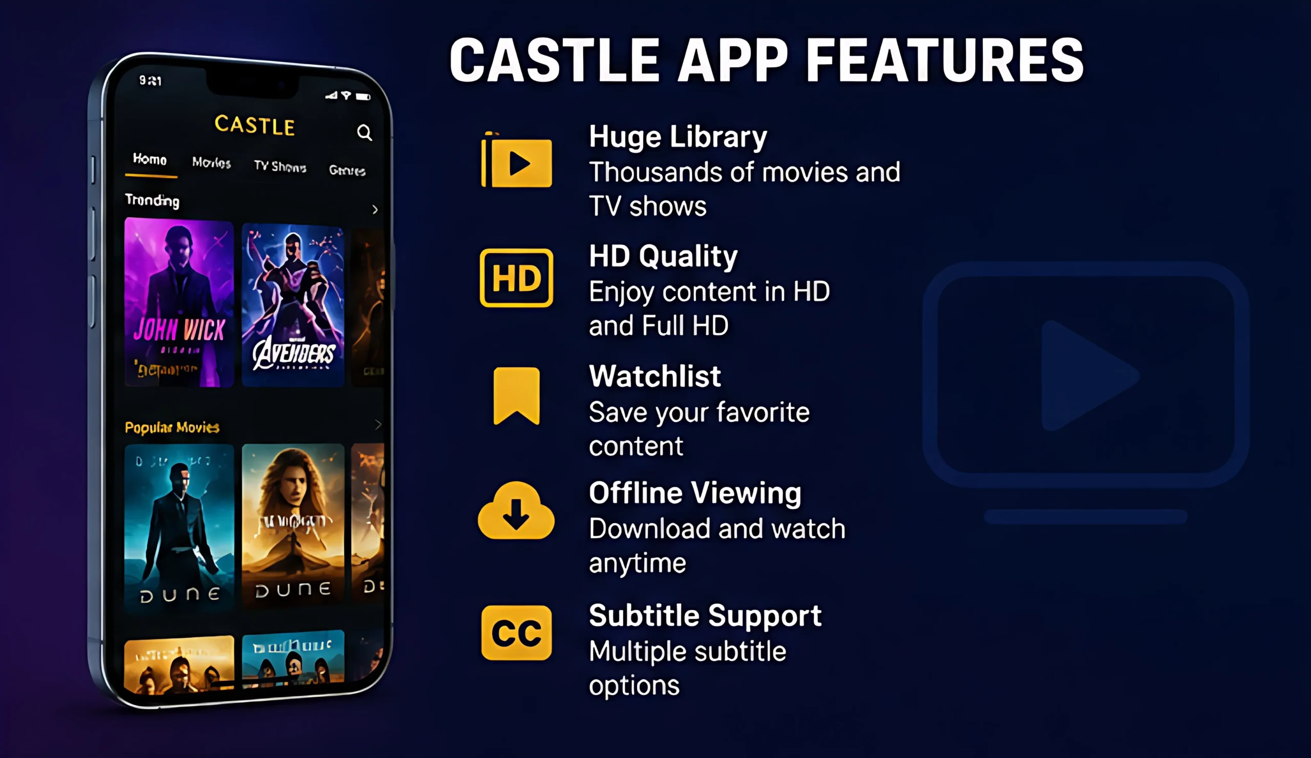 Castle App interface showing movies, TV shows, HD streaming, watchlist, and offline viewing features