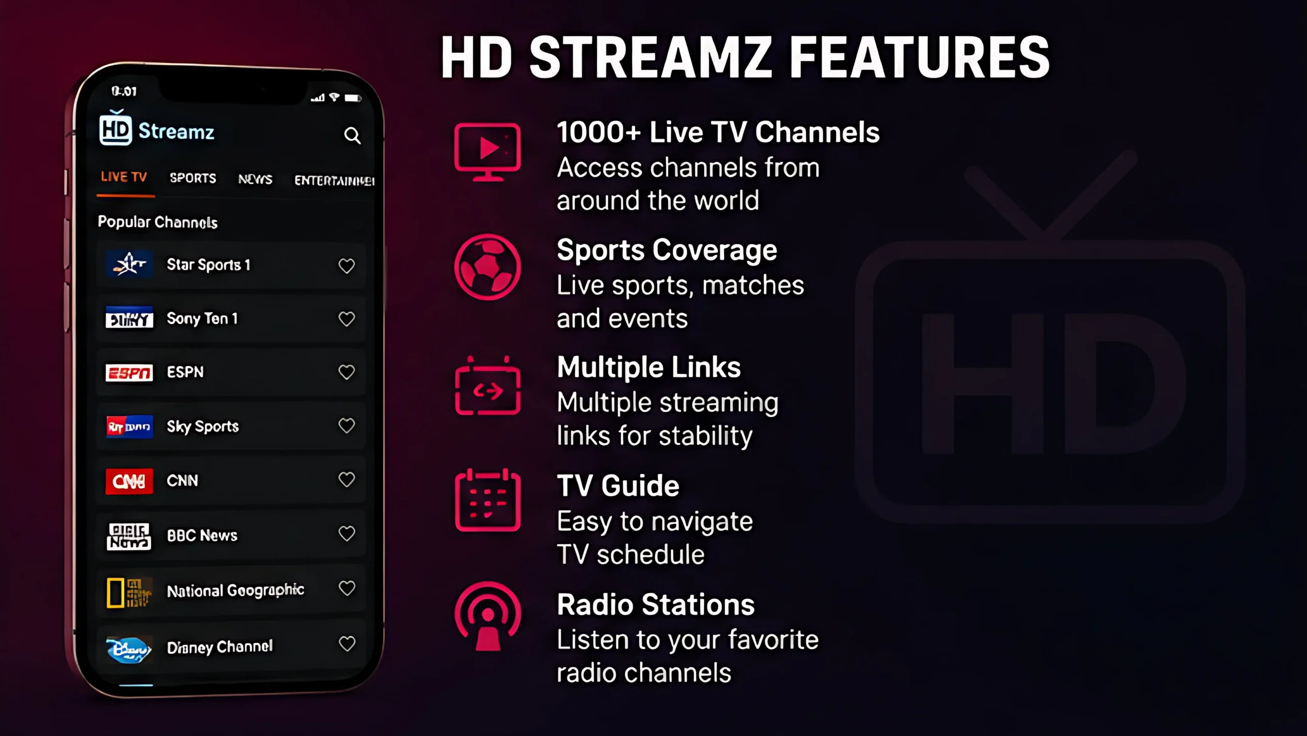 HD Streamz app displaying live TV channels, sports streaming, radio stations, and multiple streaming links