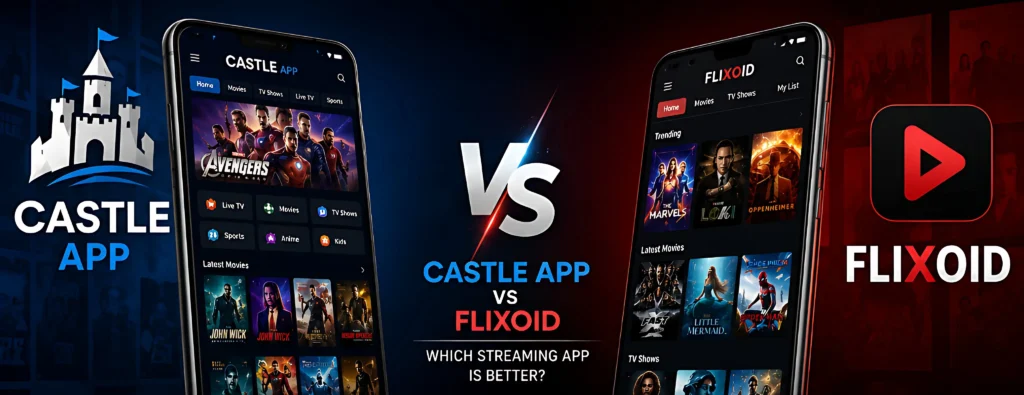 Castle App vs Flixoid comparison banner showing streaming apps interface, features, and entertainment categories in 2026