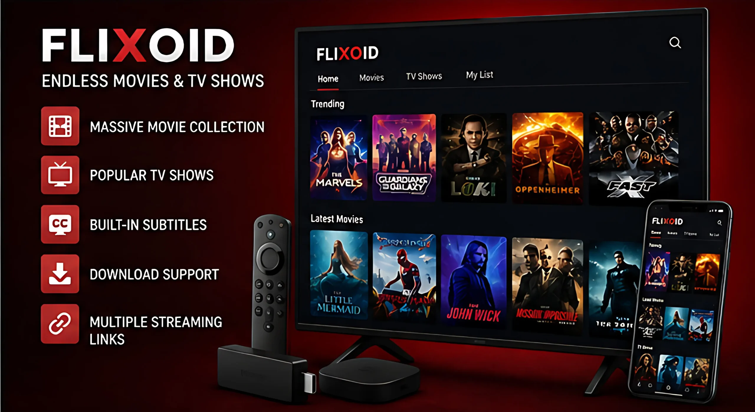 Flixoid streaming app interface showing movies, TV shows, subtitle support, and external player options on Android devices