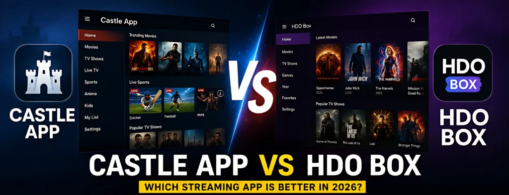 Castle App vs HDO Box side-by-side comparison showing features, streaming quality, and interface for choosing the best streaming app in 2026
