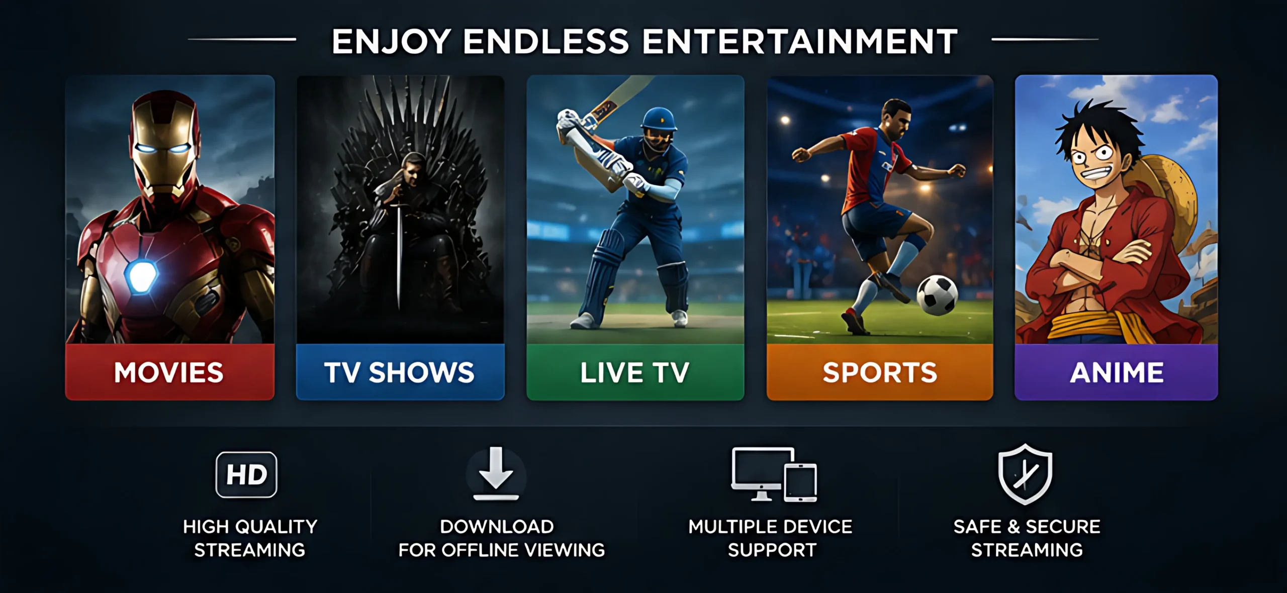 Castle App entertainment categories including movies, TV shows, live TV, sports streaming, and anime sections displayed in a modern interface