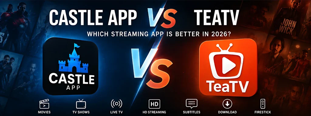 Castle App vs TeaTV streaming app comparison showing features, interface, HD streaming, live TV, and Firestick support