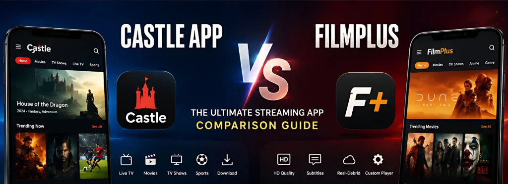 Castle App vs FilmPlus streaming apps comparison showing features, interface, live TV, movies, and performance